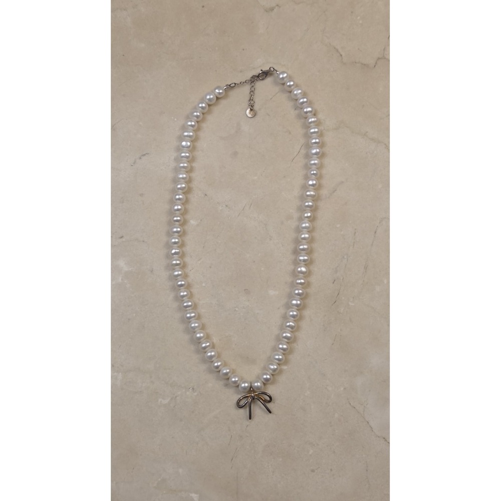 1990s Sterling Silver Bow & Pearl Adjustable Necklace 15-17" - Picture 4 of 6